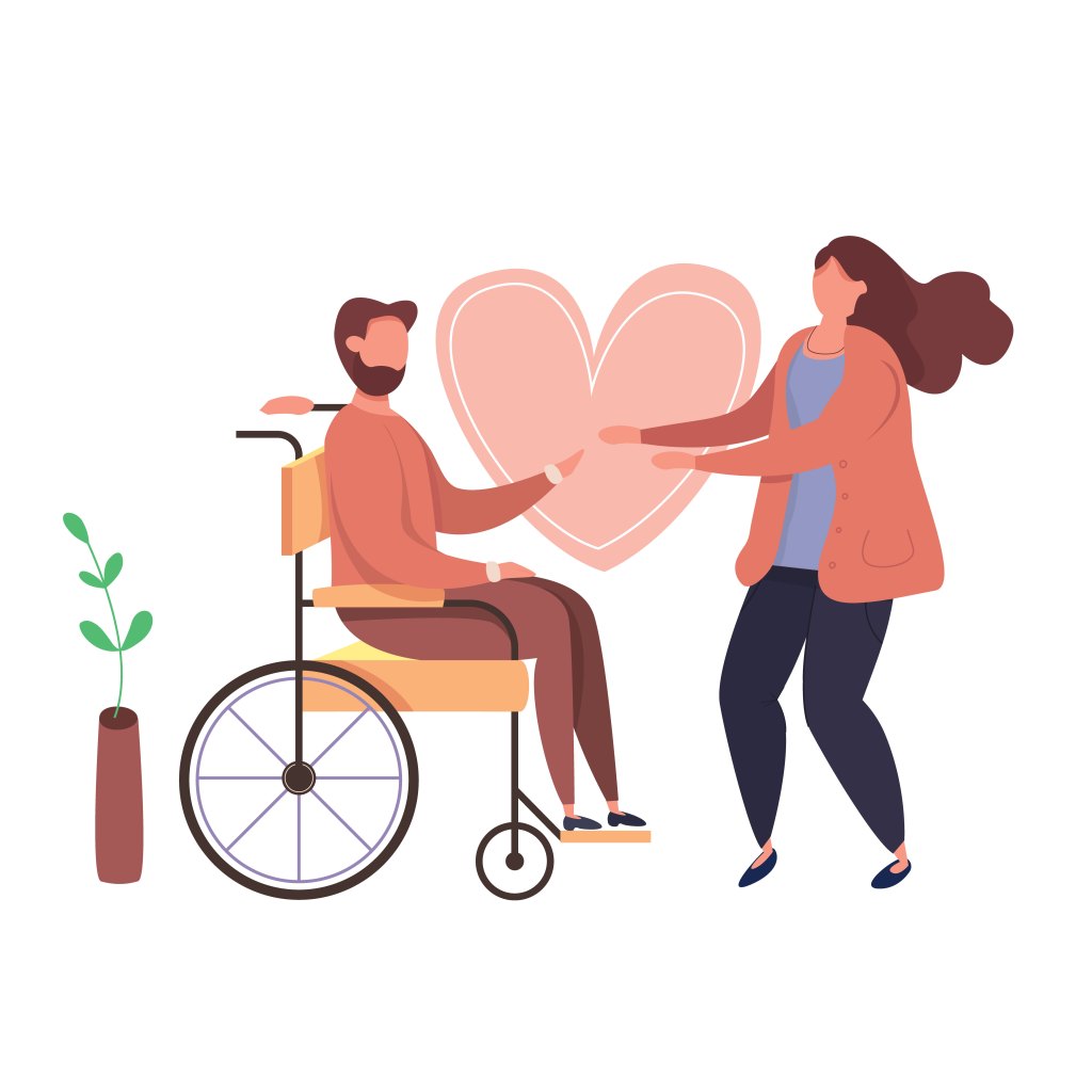 Concept of romantic relationships and marriage with handicapped man. Vector illustration of love. Family with disabled man. Human relations vector illustration. Man in wheelchair.