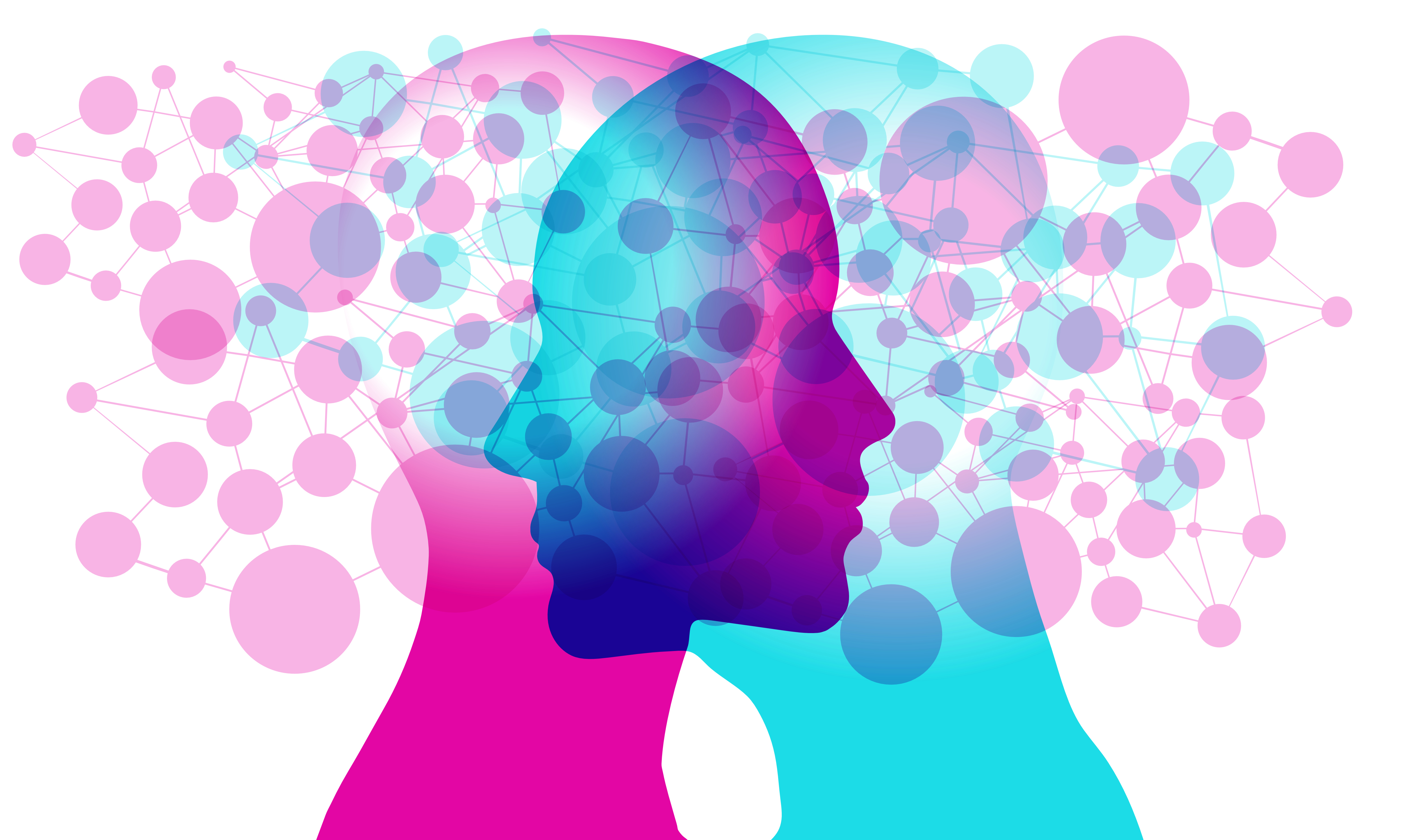 Two human side silhouette positioned Face to face overlaid with various semi-transparent line connected circular (network node) shapes.