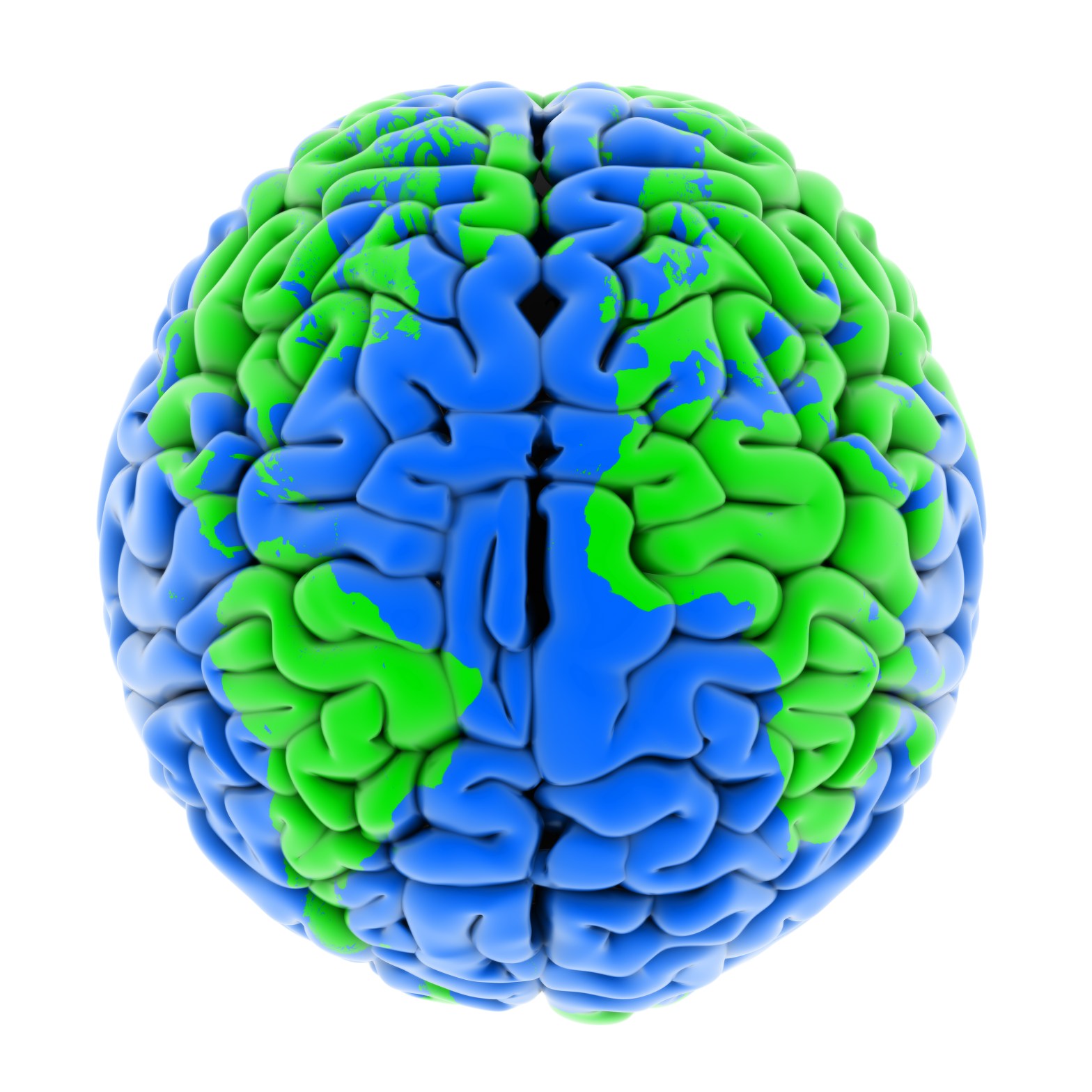Human brain colored like the earth with blue ocean and green continents