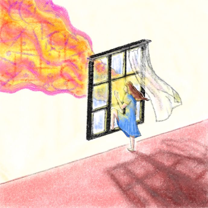 A woman in a blue dress gazes out of a window out a window. Waves of yellow and pink expand from her gaze out into the world, evoking an attention tunnel.