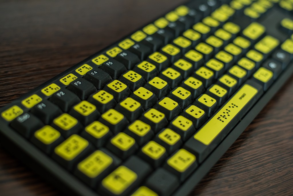 Close-up of a keyboard with the Russian alphabet for the blind. Braille.