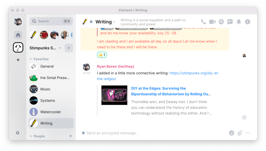 Screenshot of the Element.io team chat app showing the rooms we use at Stimpunks