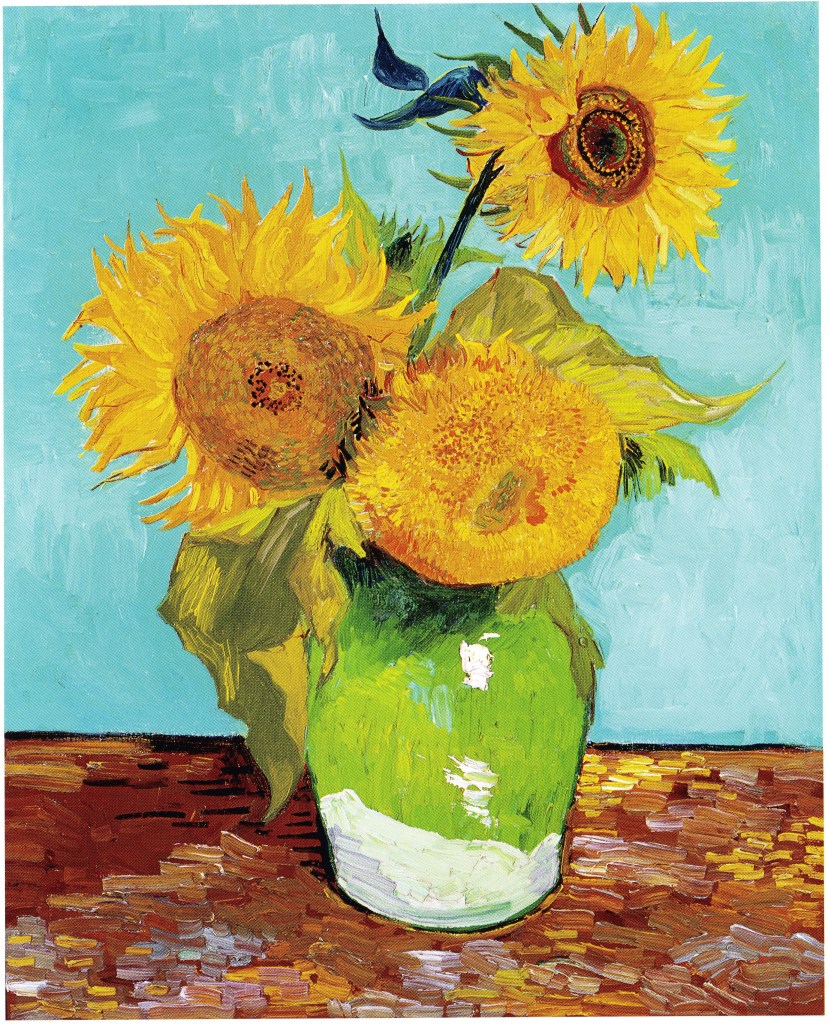 Oil painting of sunflowers in a vase
