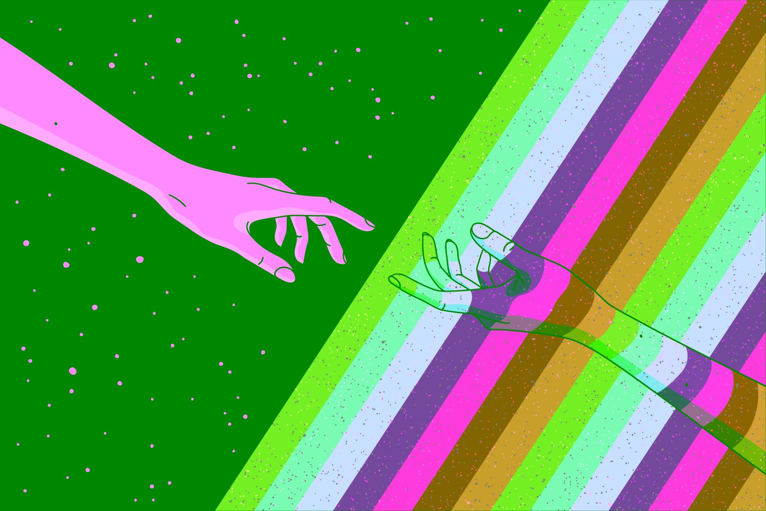 Hands reaching toward each other. One hand is in rainbow spectrum. The other hand is in starry space.