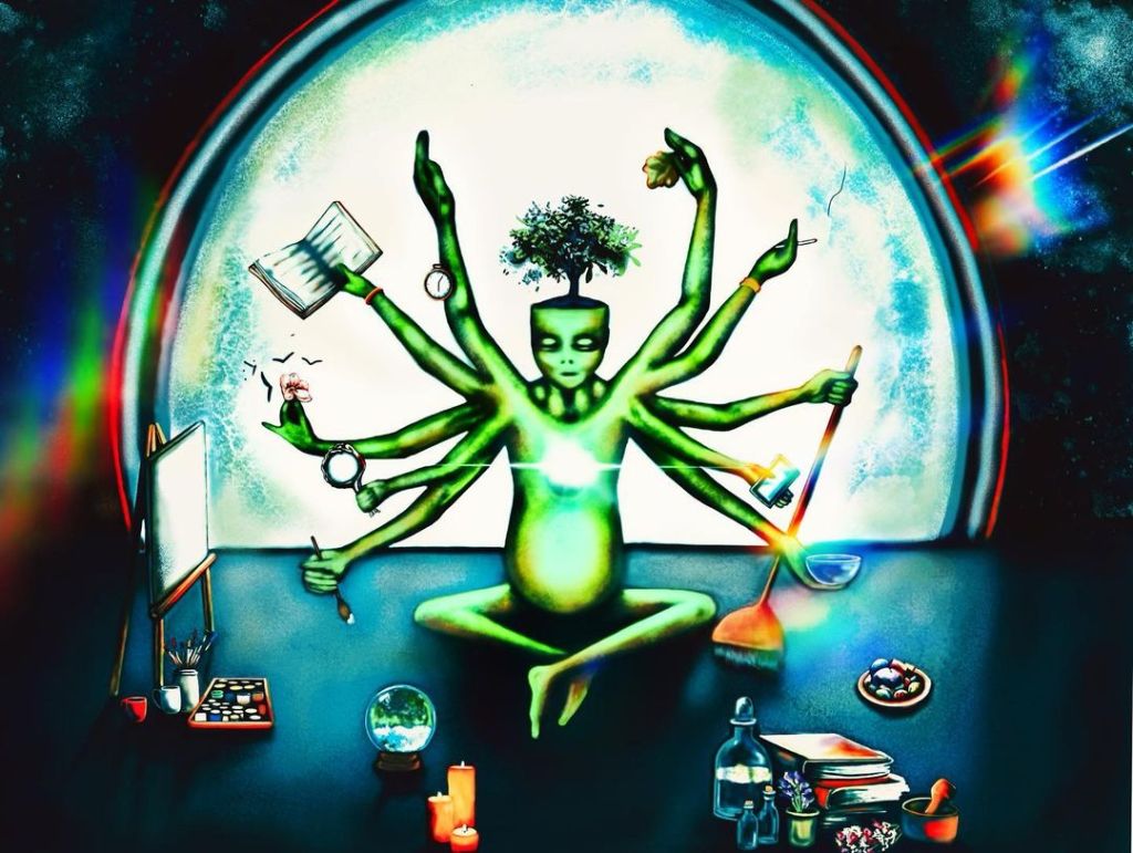 A green-skinned humanoid with 10 arms and a tree sprouting out of its open heads holds 10 objects: paintbrush, magnifying glass, book, stopwatch, smoking herbs, broom, smartphone, mortar