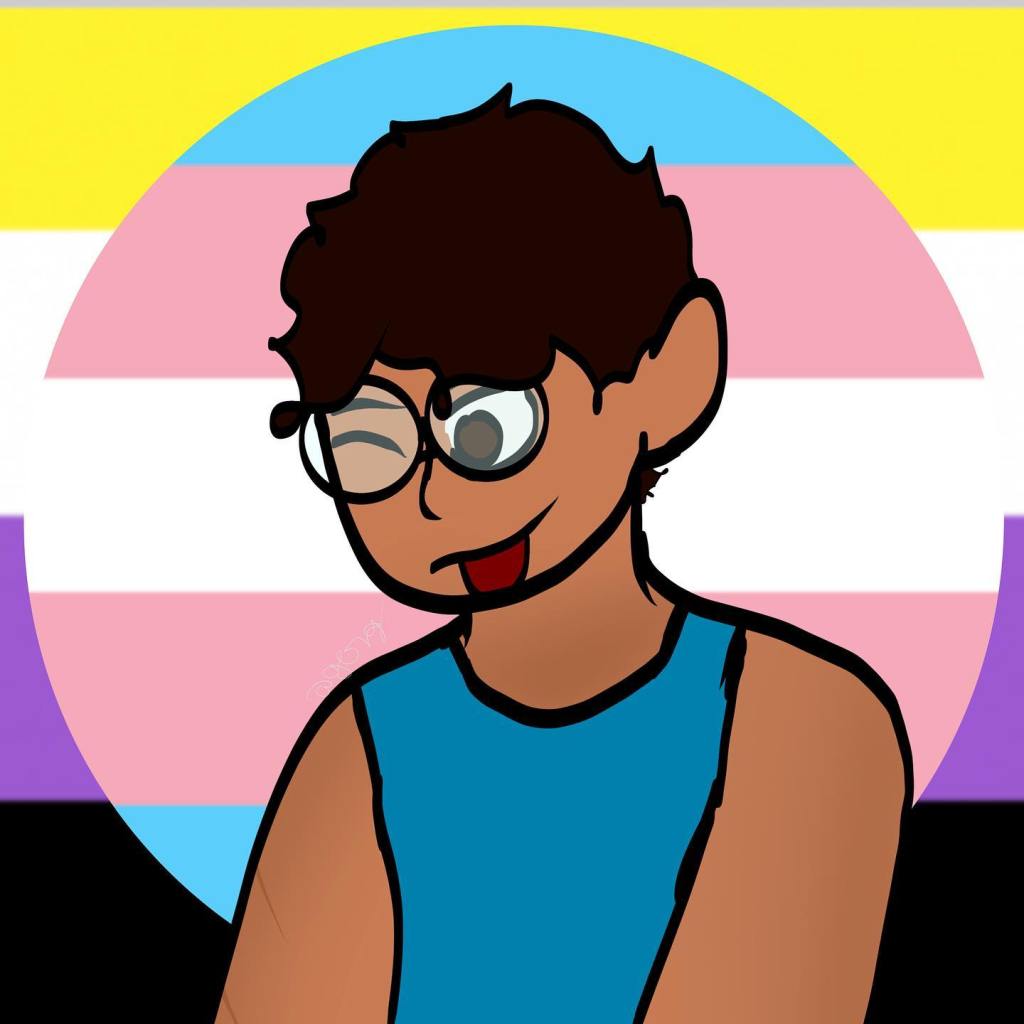 A young non-binary person of color with short black hair wearing a blue tank top and round rimmed glasses is in front of the transgender flag and the non-binary flag with their tongue sticking out and one eye winking
