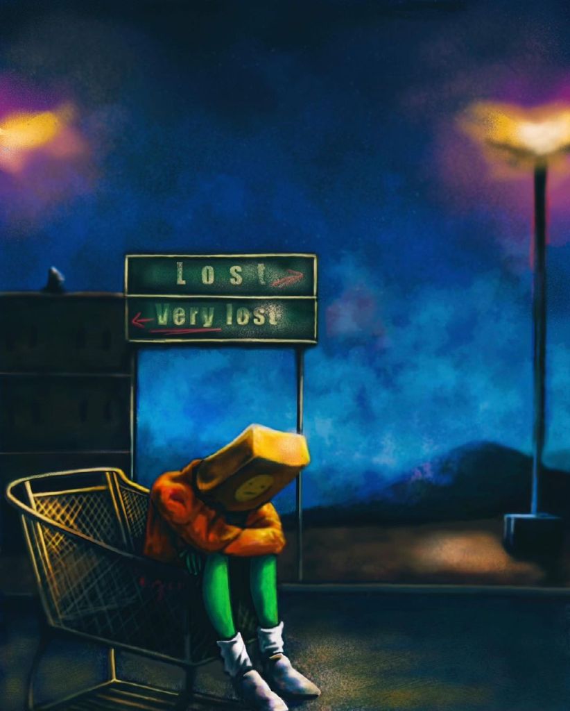 A person sits in a shopping cart in a parking lot with a paper bag with a smiley face on it over their head. A street sign reads "Lost, Very Lost" with arrows pointing left and right