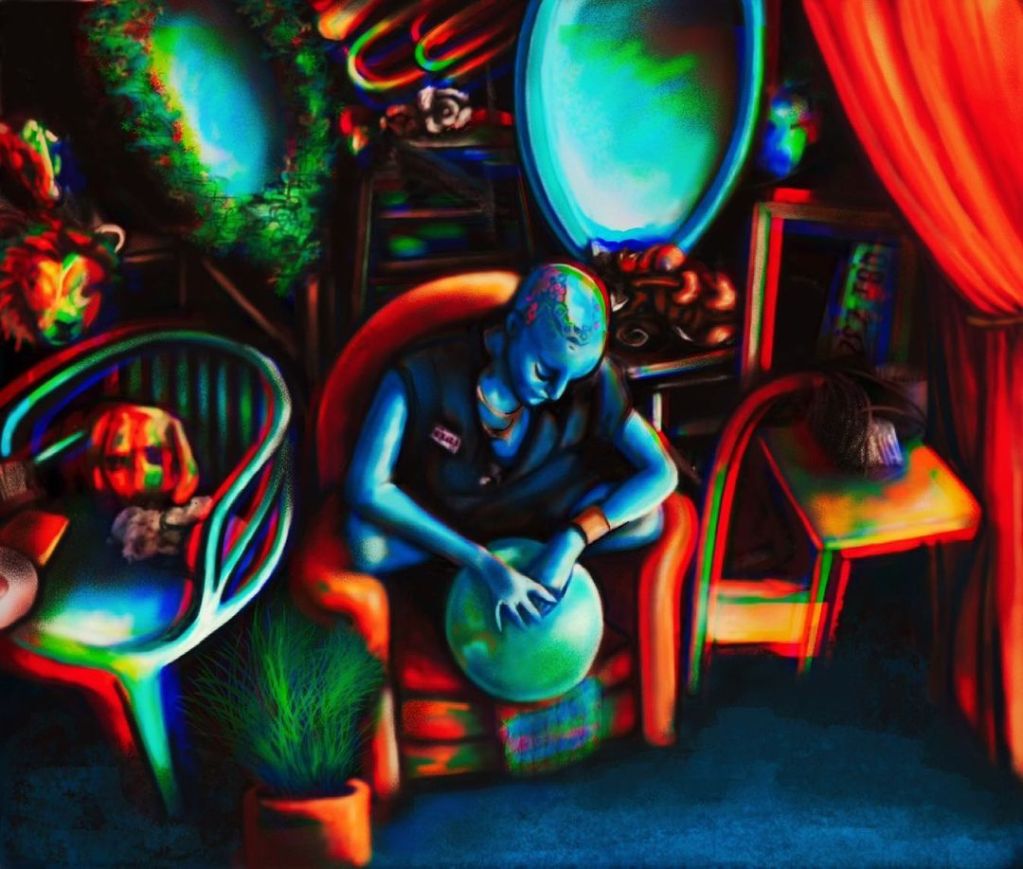 A blue humanoid sits cross-legged holding an Earth-like sphere