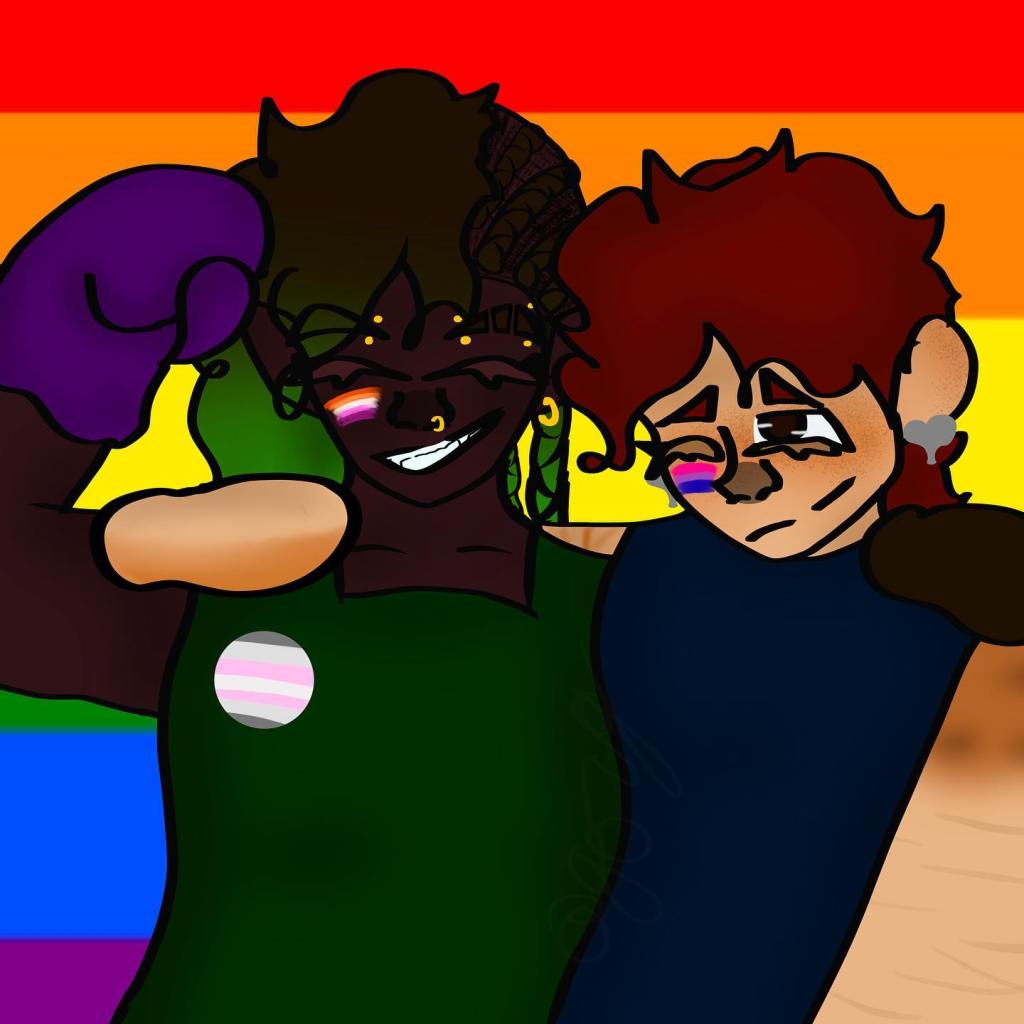 Two people pose in front of a rainbow pride flag with their arms around each other