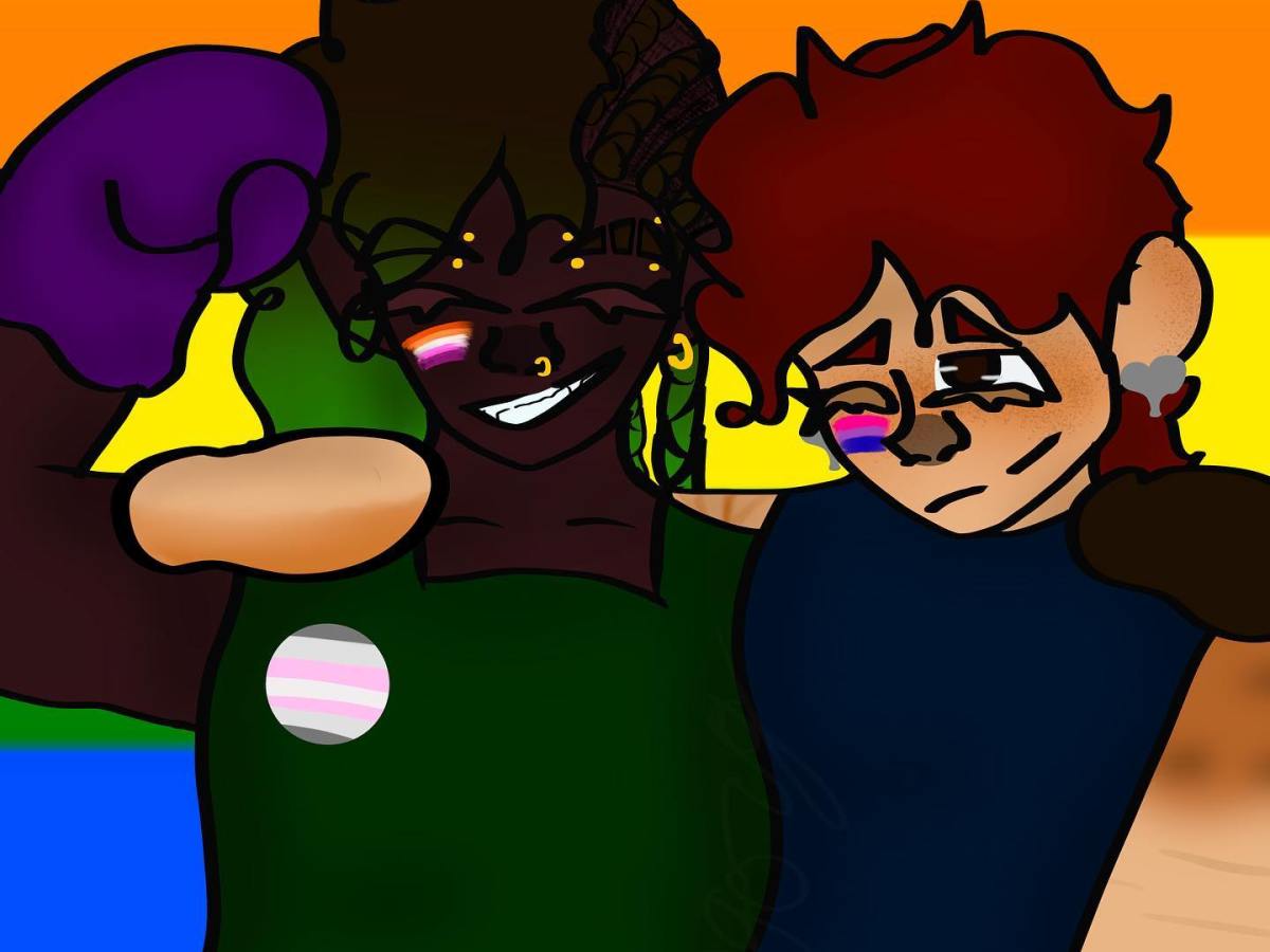 Two people pose in front of a rainbow colored flag with their arms wrapped around each other. Left: Lydia Santos (she/they), autistic, epileptic, demigirl lesbian. 26 y/o (if they care) Right: Maxine Fields (she/her), adhder, bisexual cis woman and Lydia’s girlfriend. 28 y/o (again, if they care)
