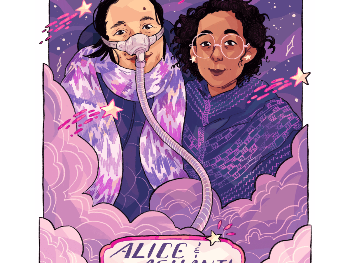 Illustrated portrait of Alice Wong and Ashanti Fortson, with a purple, pink, mauve, and blue color palette. Wong is an Asian American woman wearing a dark blue jacket and a pink-and-lavender chevron-patterned scarf, as well as a mask over her nose with a tube for her Bi-Pap machine. Fortson is an Afro-Mexican person wearing light yellow star earrings, large and round pink glasses, and a dark blue knit shawl with accents in bright pink. Clouds swirl in front of the figures, and stars are visible in the night sky behind them. Shooting stars with bright pink trails are scattered throughout the portrait. Near the bottom of the image, embellished text reads “Alice and Ashanti,” and the text “#CommunityAsHome” is underneath.
