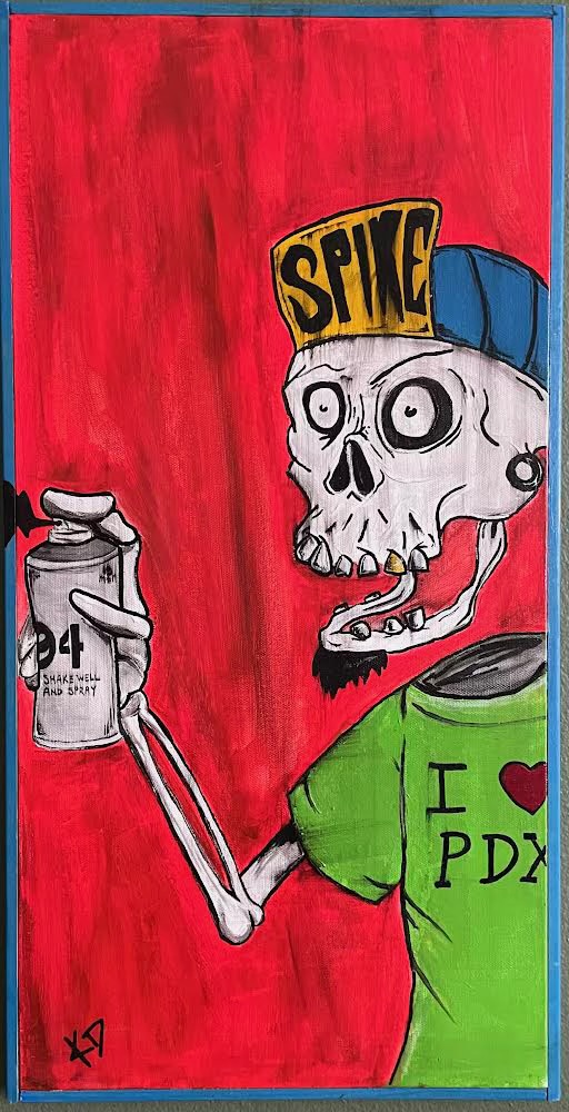 Painting of a skeleton version of Spike, the character from Portlandia, holding a spray paint can and wearing a green t-shirt that says "I ❤️ PDX"