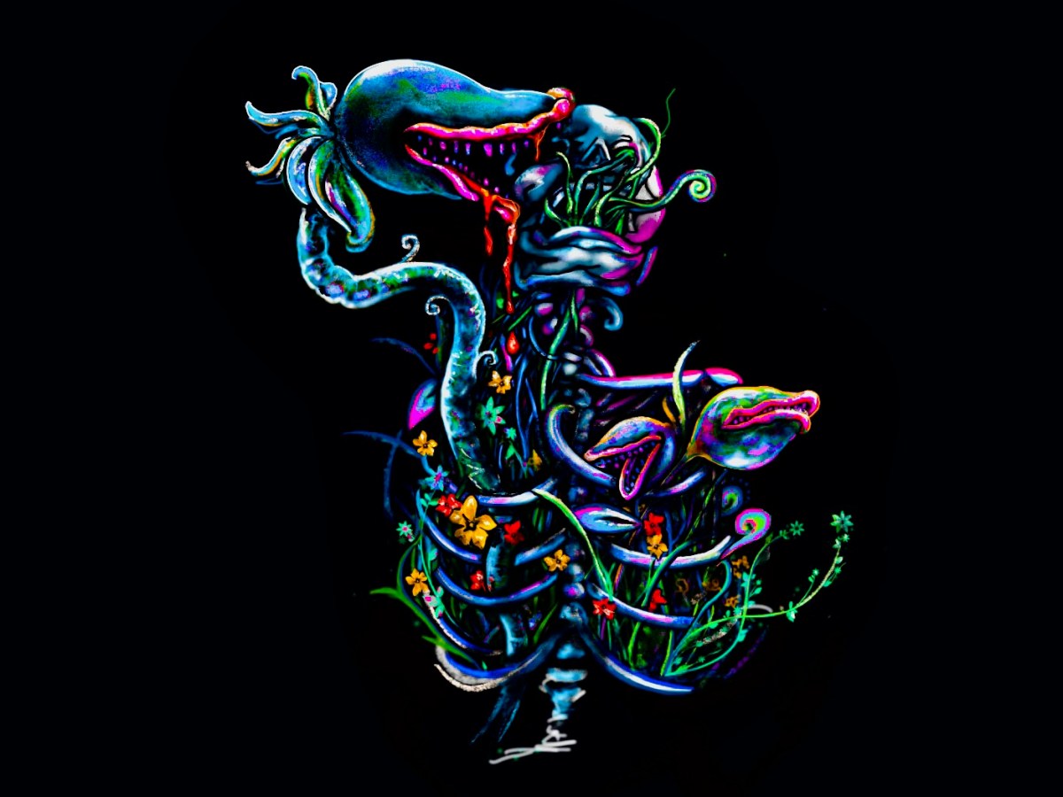 Flowers grow from a skeletonized human torso. Some of the flowers have teeth and mouths. One flower is biting the skull of the torso.