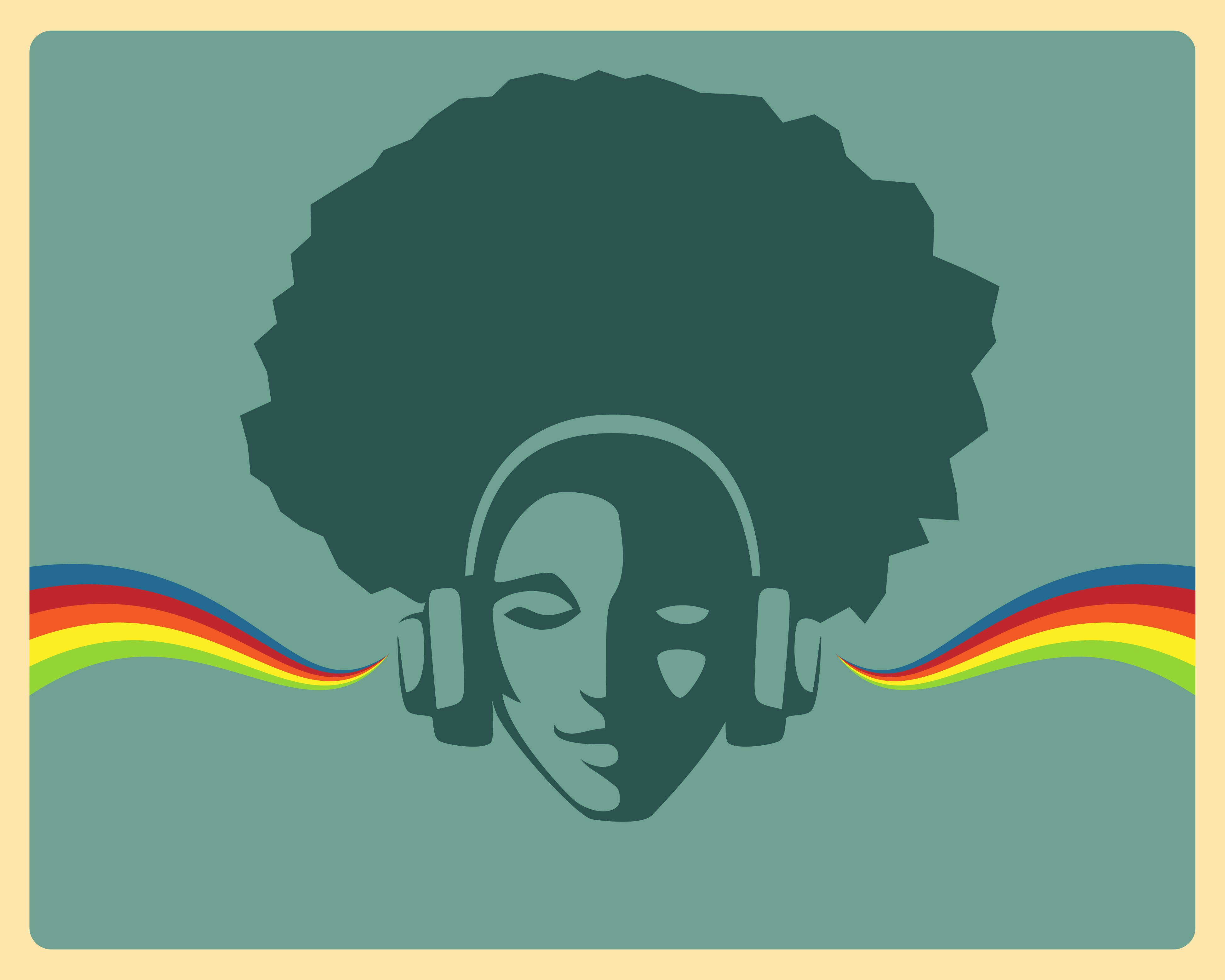 A young black woman with a big afro listens to headphones with rainbows coming out of each side