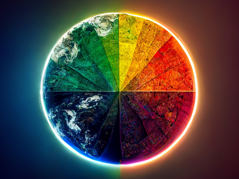 The earth colored like a rainbow spectrum color wheel, glowing with a rainbow aura.