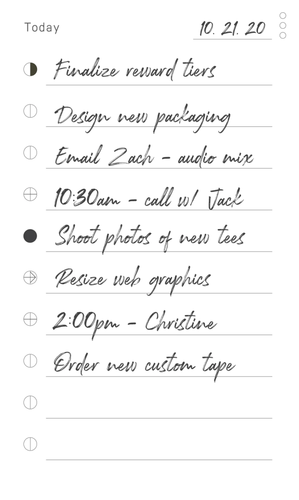 Index card oriented vertically with a todo list handwritten on it.