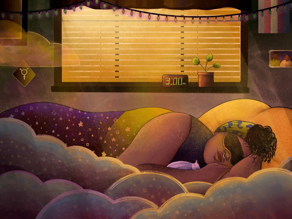 A Black trans person with idiopathic hypersomnia sleeps contentedly on a bed of warm blue and purple clouds. They’re wearing an eye mask and their dark curly hair is wrapped in a colourful sleep scarf. A small purple bat plushie is nestled beside them. Behind the sleeping person is a window, bathing the room in warm afternoon light.

