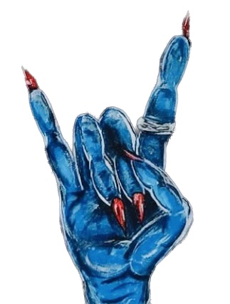 Blue hand with long red pointy fingernails flashing the sign of the horns
