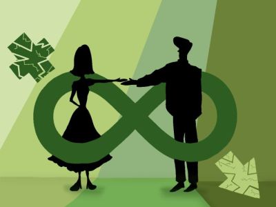 A female coded silhouette and a male coded silhouette stand in the circles of a green infinity symbol reaching toward each other with outstretched arms. Emerging from the infinity symbol are a female symbol and a male symbol that have been fractured, evoking the breaking of constructs and norms