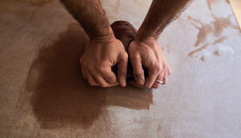 A lump of clay being pressed beneath two hands