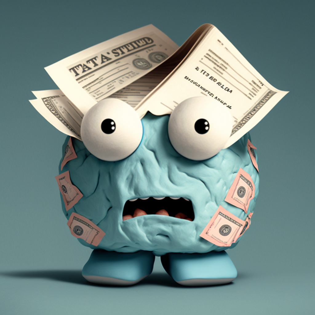 A human brain with eyes and legs covered with tax bills, looking worried.
