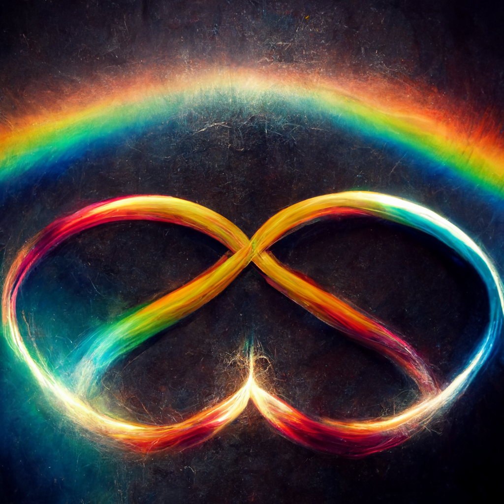 Infinity + heart sign beneath a rainbow
