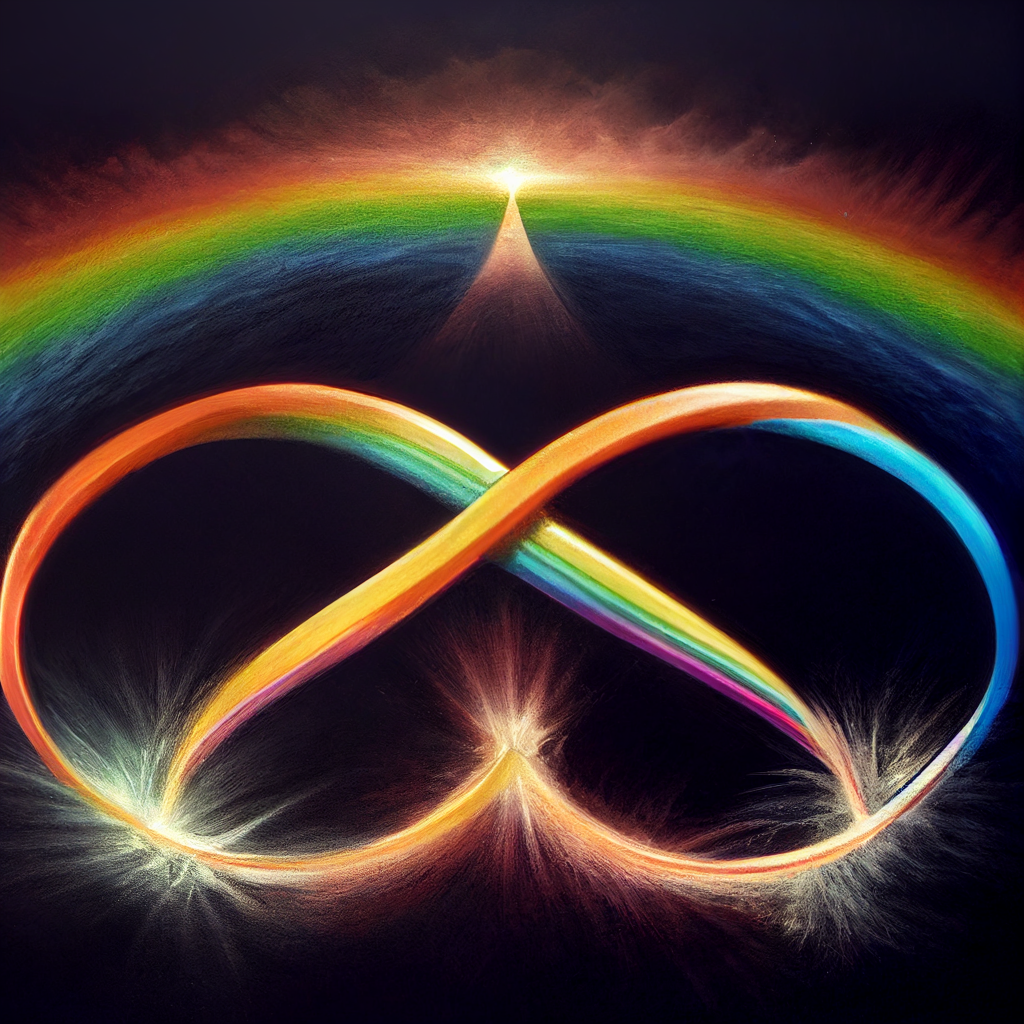 Infinity + heart sign beneath a rainbow