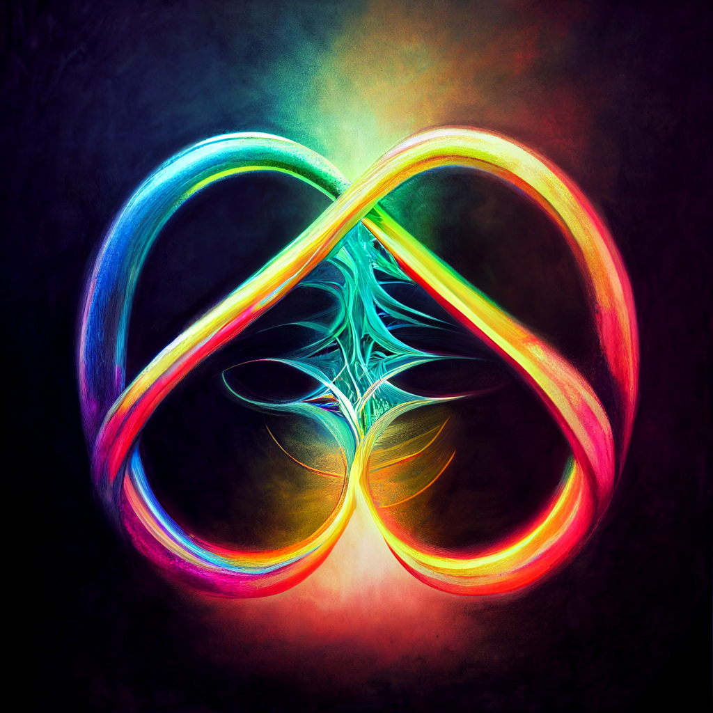 Infinity + heart resembling a human brain with two hemispheres and the suggestion of spinal column nerves emanating from the hemisphere divide