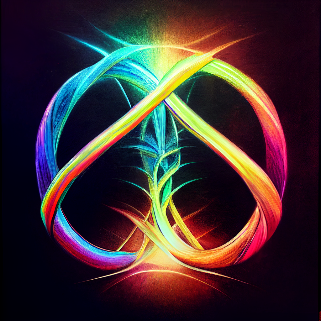 Infinity + heart resembling a human brain with two hemispheres and the suggestion of spinal column nerves emanating from the hemisphere divide