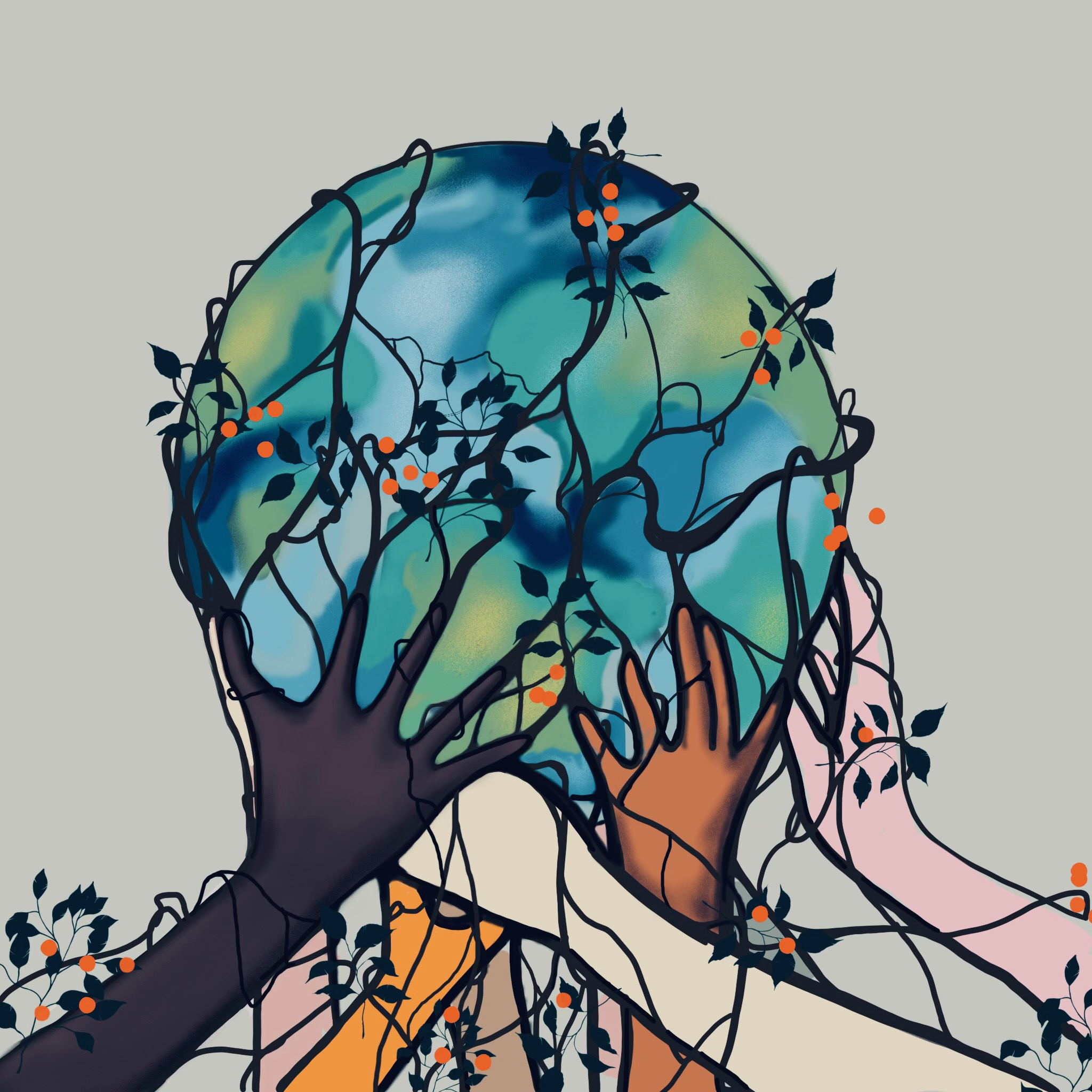 Painting of the earth held aloft by 7 hands of various skin tones with flowering vines twining around hands and earth, interconnecting them