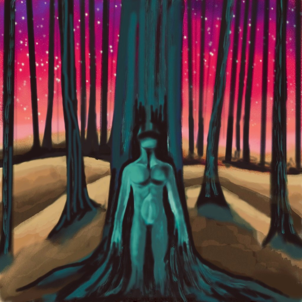 Painting of a human partially merged with a tree with the hands flowing into the tree and into ground