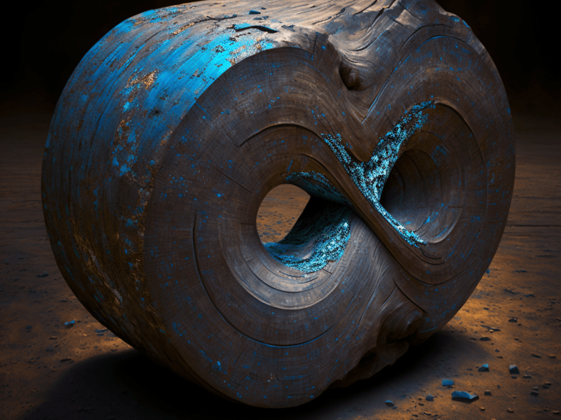 Cross section of cut wooden log with an infinity symbol appearing inside the log