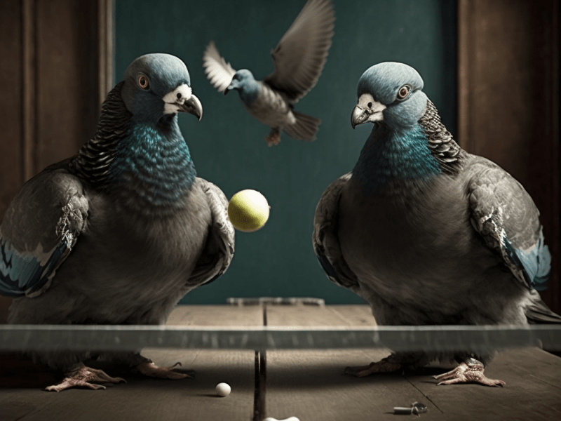 Two pigeons looking at the camera with a ping pong ball bouncing between them