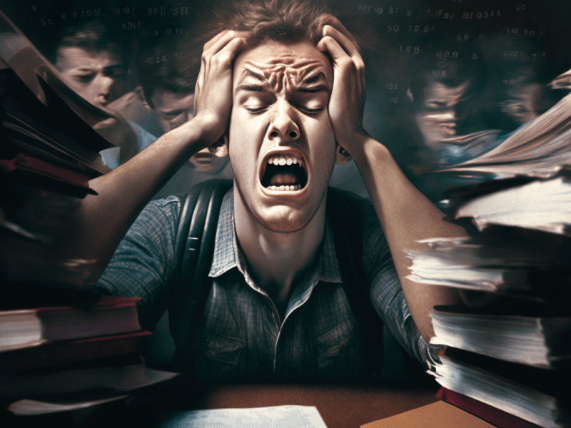 stressed out student in an overwhelming classroom