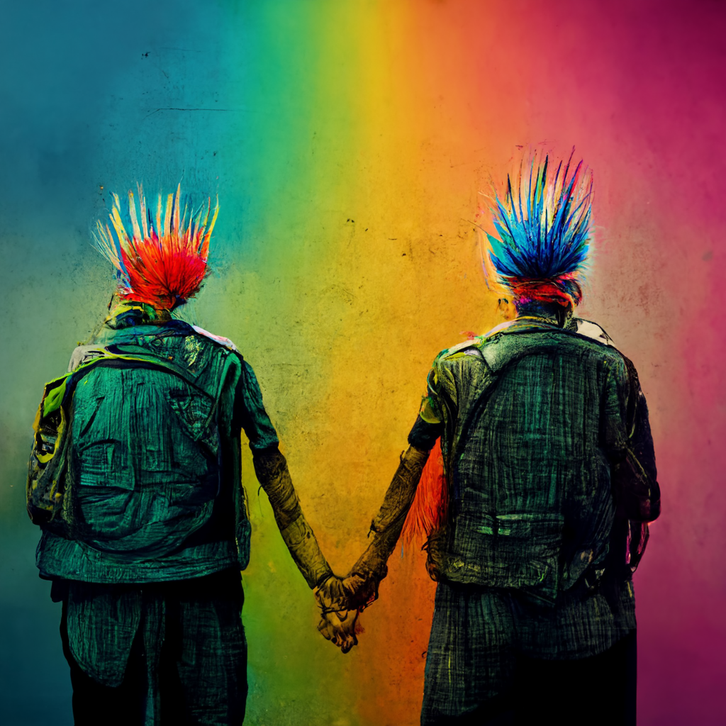 Two punks with colorful Mohawks at denim battle jackets hold hands with their backs to the camera