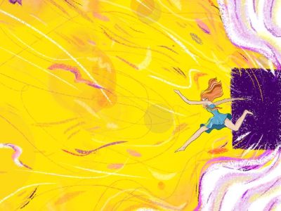 A woman in a dress runs in a flowing stream of energy out a door