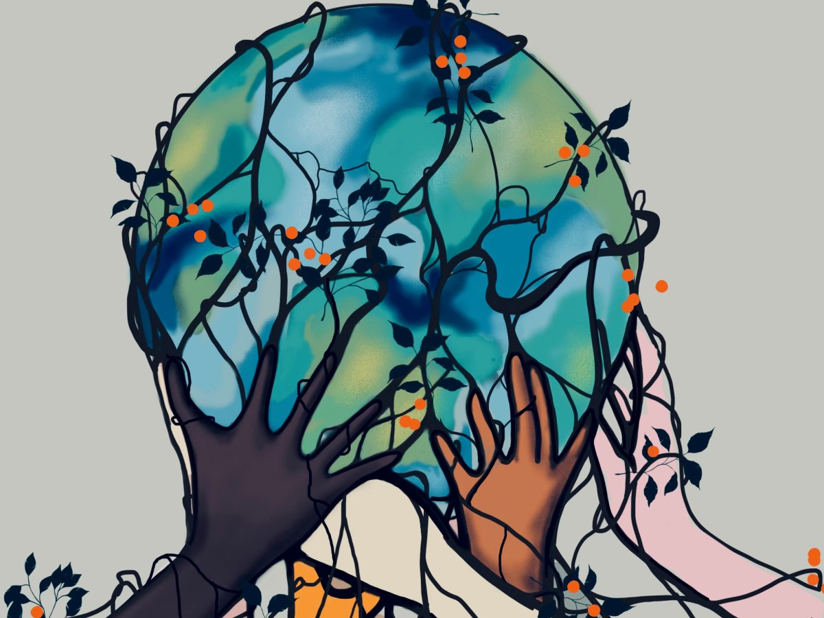 Painting of the earth held aloft by 7 hands of various skin tones with flowering vines twining around hands and earth, interconnecting them