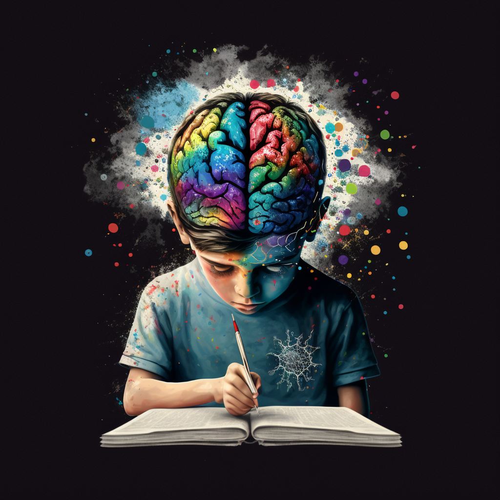young student with rainbow highlighted brain reads a book with a pencil in hand