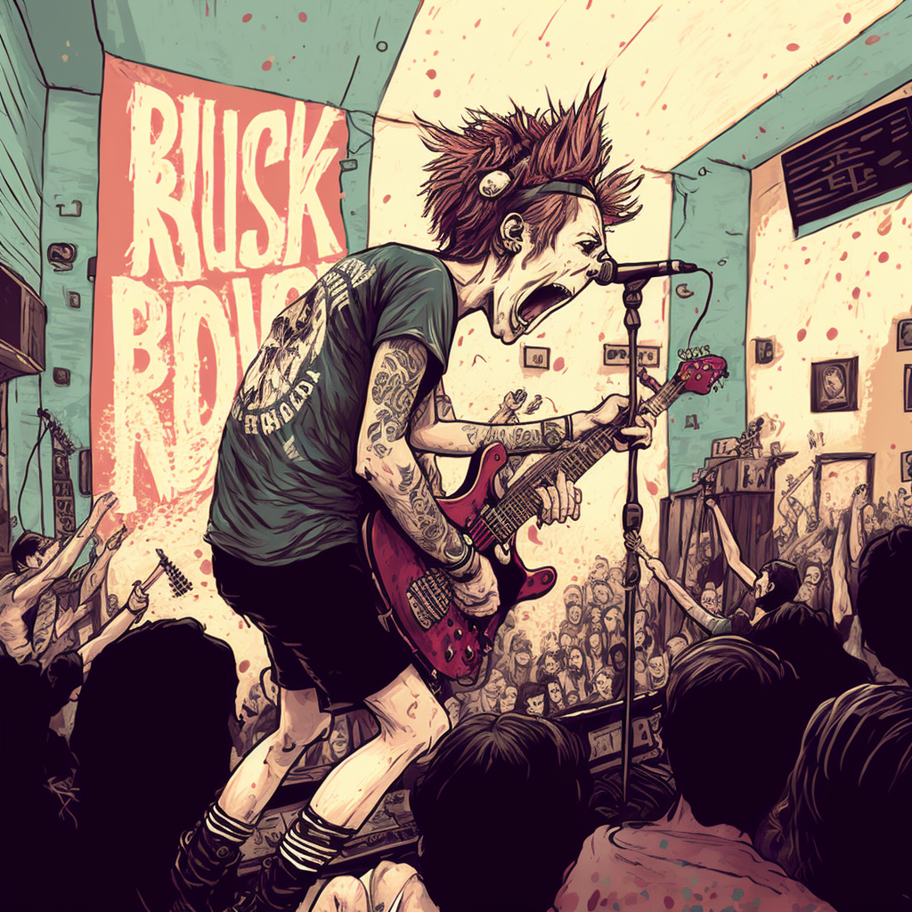 Illustration of a punk rocker singing and playing guitar at a house show