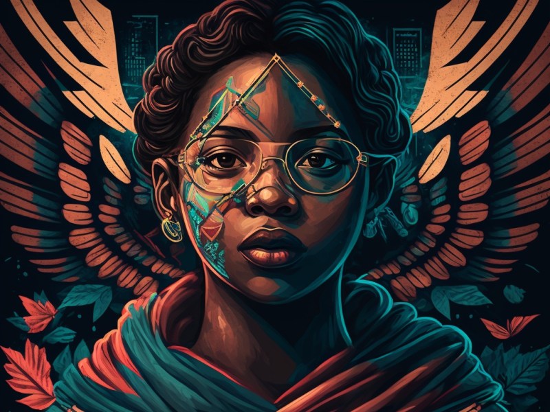 Portrait of black woman with glasses with wings spreading out behind her