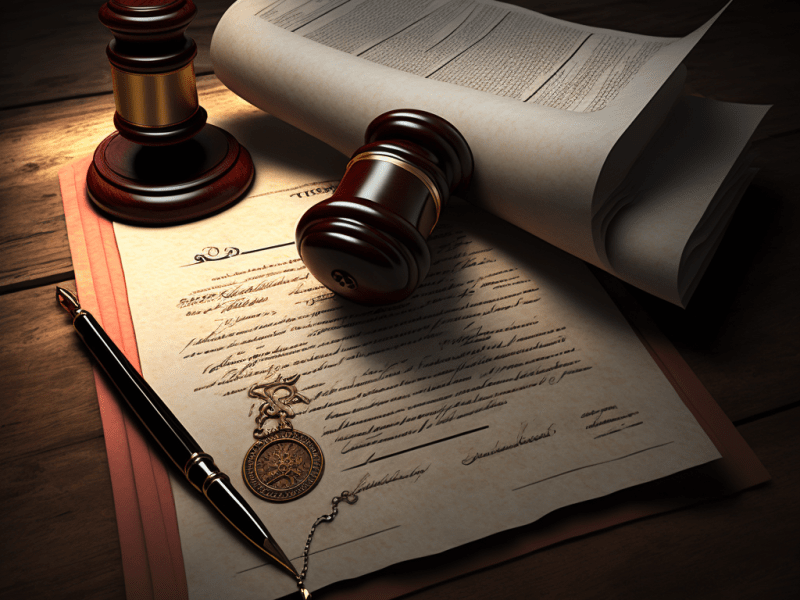 A fountain pen, ink stamps, and legal documents arranged on a wooden desk