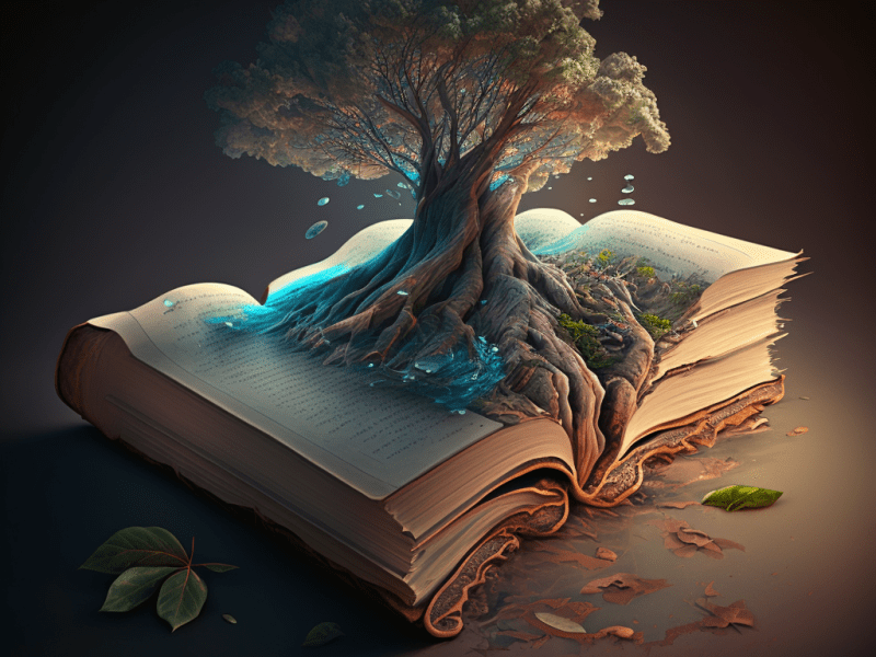 Tree growing out of a stack of books lying open