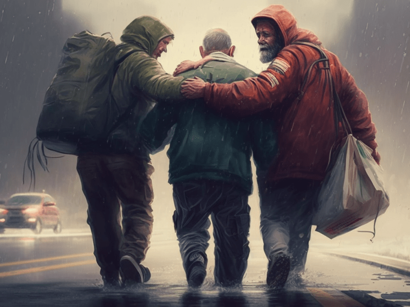 View from behind of three people interlocking arms, helping each other through a disaster