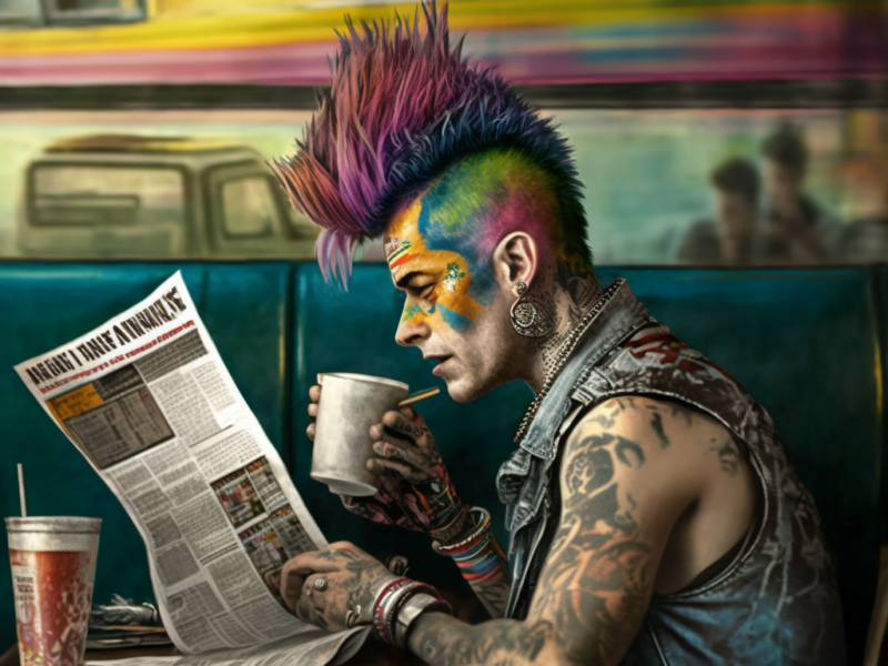 punk rocker with rainbow mohawk reading newspaper in a seedy diner