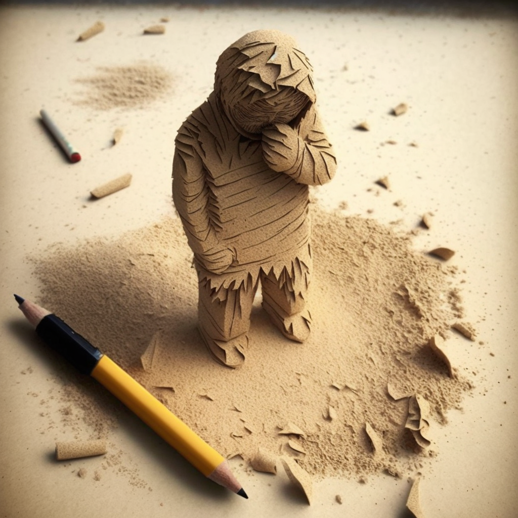 A figure of a human carved from wood stands in a pile of sawdust next to a pencil. The figure has its hand to its face as if forlorn