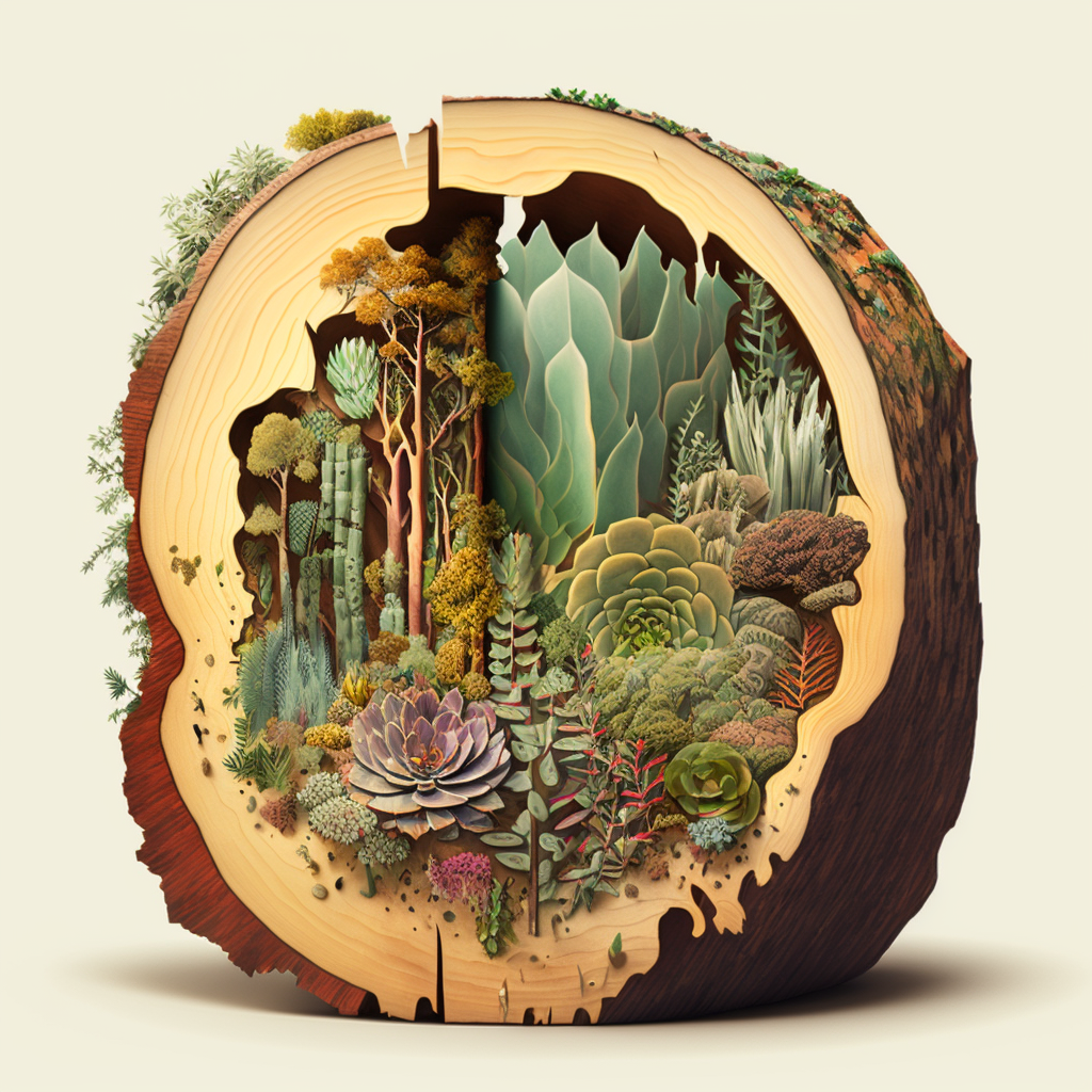 Log cross section containing a microcosm of plants