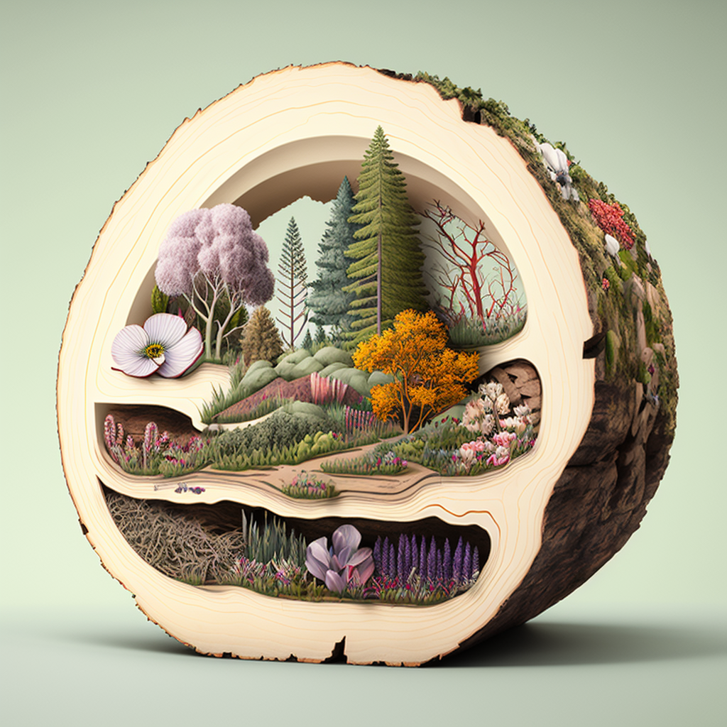 Cross section of a hollowed out log containing a diarama of a forest ecosystem