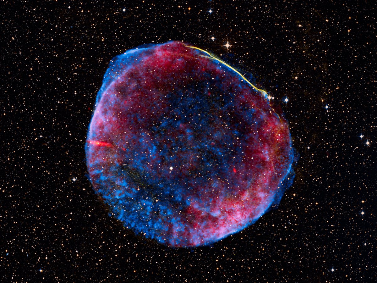 Chandra Release - July 01, 2008 Visual Description: SN 1006 The composite image of the supernova remnant SN 1006 shows a stunning celestial phenomenon, resembling a massive round red-white-and-blue firework in the sky. The background of the image looks like a densely starry sky. In the center is a large, colorful nebula that pulls the viewerâ€™s attention. The nebula has an electric blue hue with strong pops of blue around the edges, as well as red pops of color on the top left and bottom right and a bright yellow rim-like streak across the top right curve. SN 1006 was caused by a white dwarf star that captured mass from a companion star until the white dwarf became unstable and exploded. Recent observations of the remnant of SN 1006 reveal the liberation of elements such as iron that were previously locked up inside the star. Shown in the image are X-ray data from NASA's Chandra X-ray Observatory (in blue), optical data from the Cerro Tololo Inter-American Observatory (yellow) and the Digitized Sky Survey (orange and light blue), plus radio data from the Very Large Array and Green Bank Telescope (red).