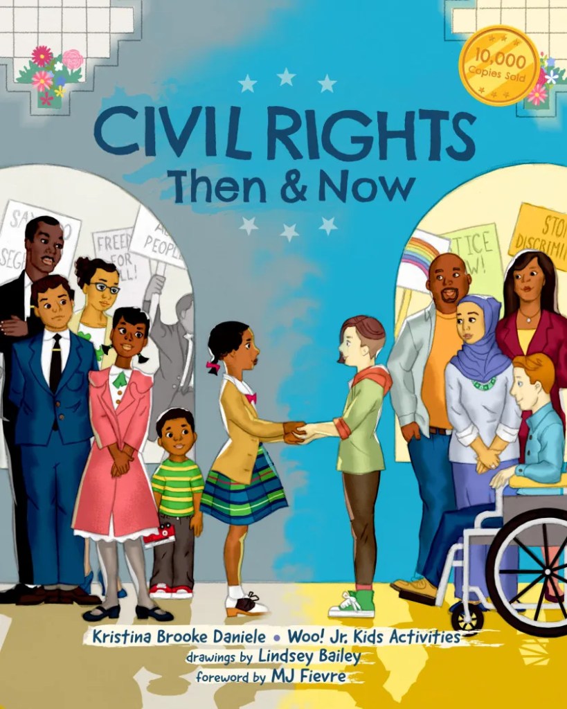 Omslag till "Civil Rights Then and Now" med en svart flicka och en vit flicka som står mitt emot varandra och håller varandra i handen