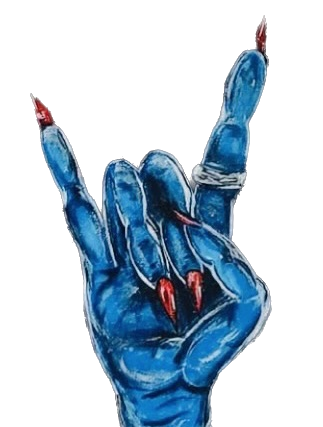 Blue hand flashing the sign of the horns.